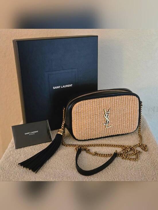 Saint Laurent Handbags - YSL Mini Lou Raffia/Black Leather Camera Bag
